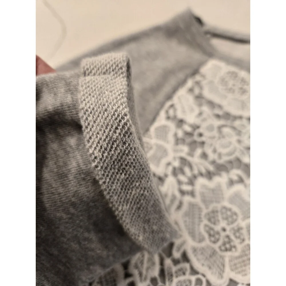 ​H&M Divided Grey Sweatshirt M White Floral Lace Overlay Raglan Pullover Crochet